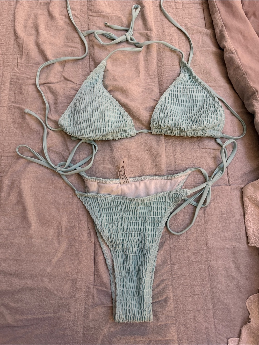 Smocked Triangle Bikini Set in Light Blue - Women Swim size medium